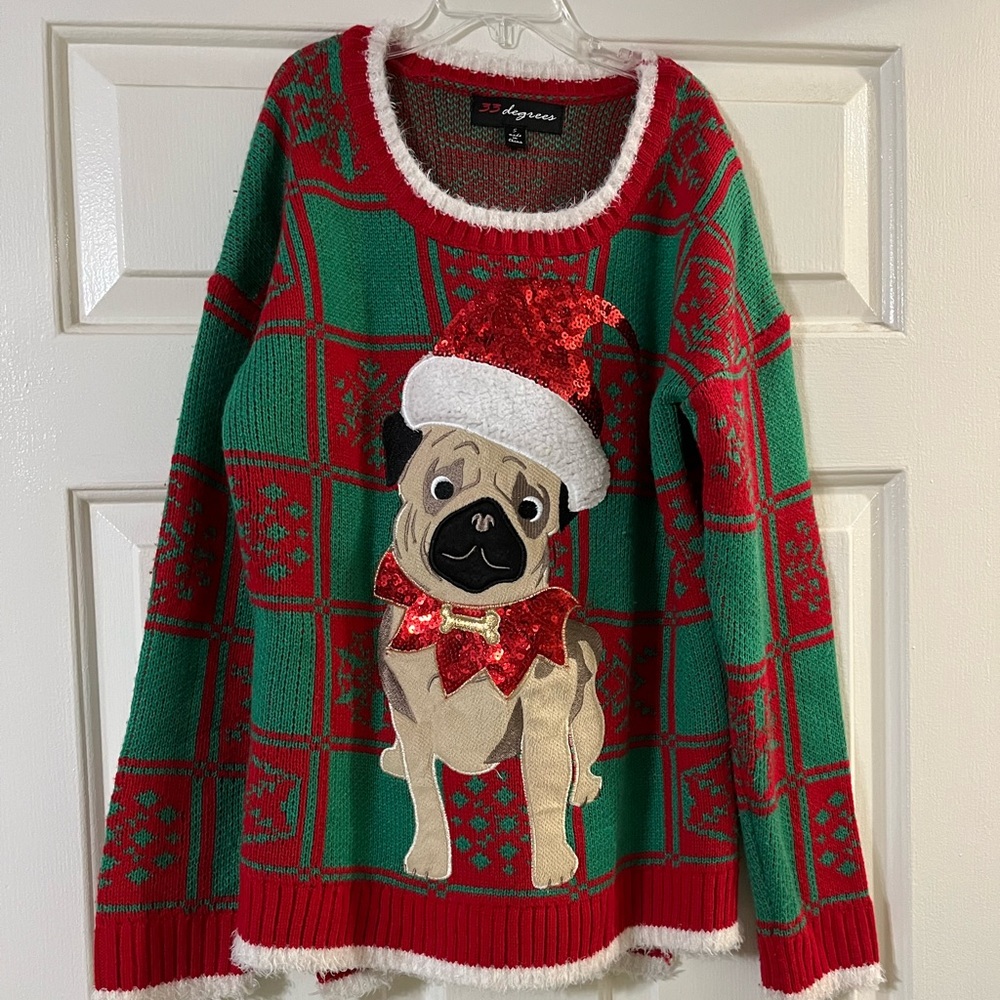 33 degree pug puppy Christmas sweater. Size small